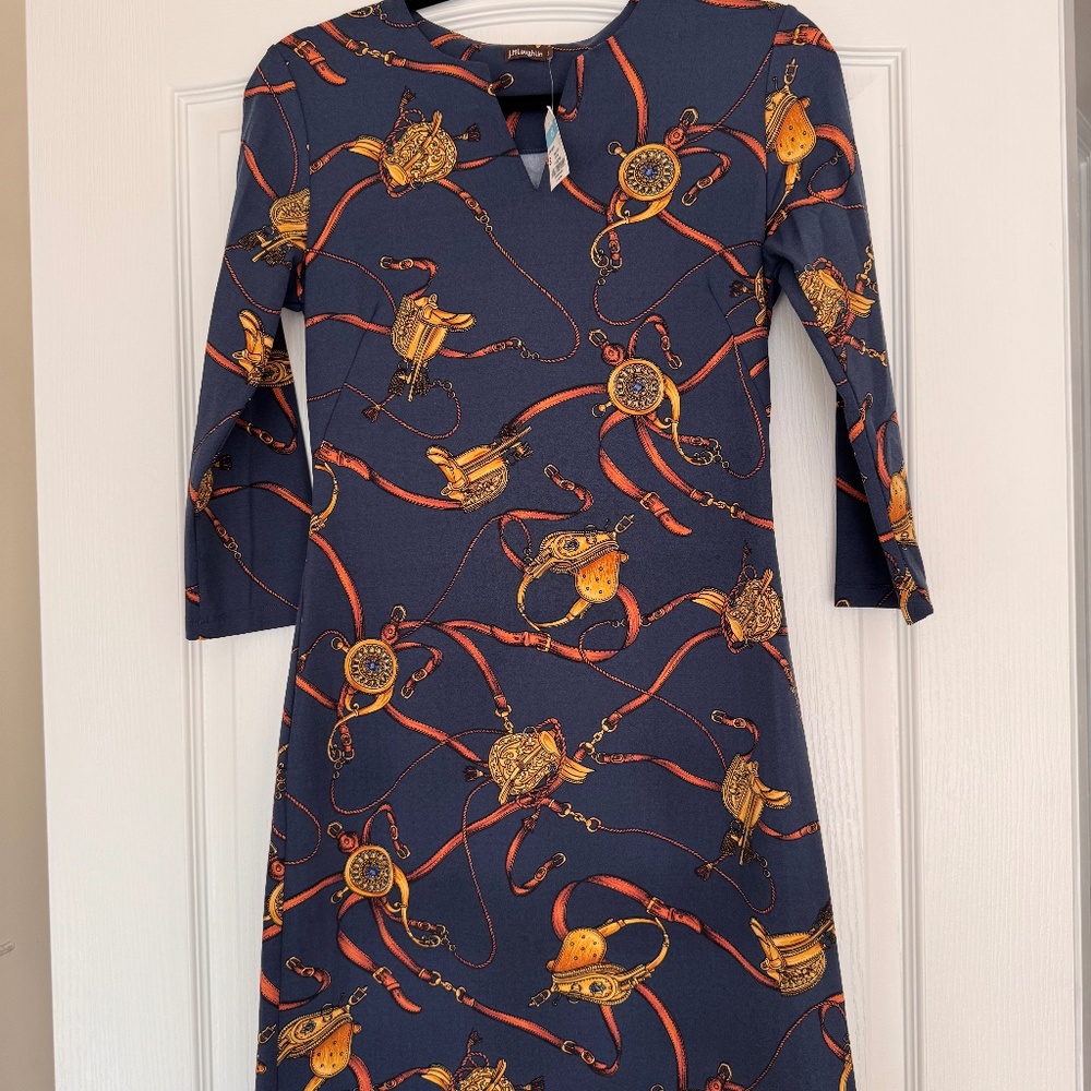 NEW J Mclaughlin Carly Dress Women's Small Scylla Stretch Navy Rust Old Money